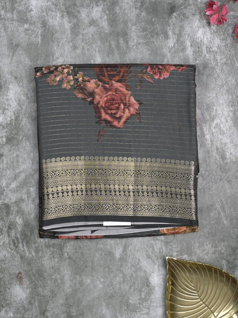 Maheshwari fancy saree grey color allover stripes, prints & zari border with zari pallu and plain blouse
