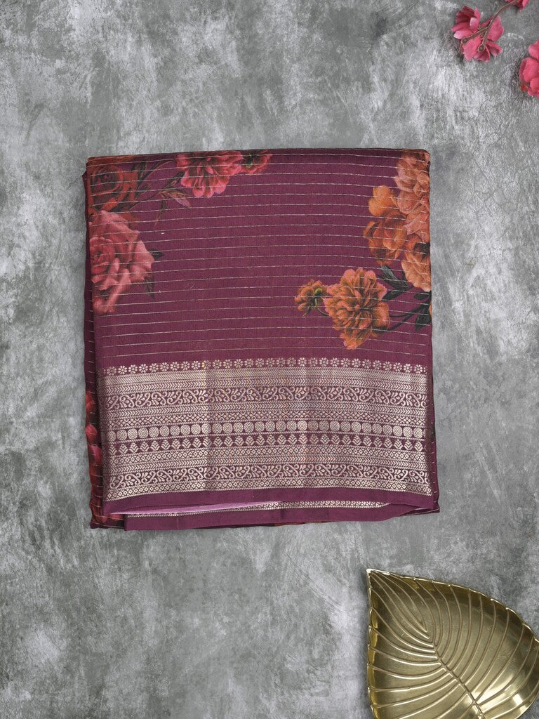 Maheshwari fancy saree wine color allover stripes, prints & zari border with zari pallu and plain blouse