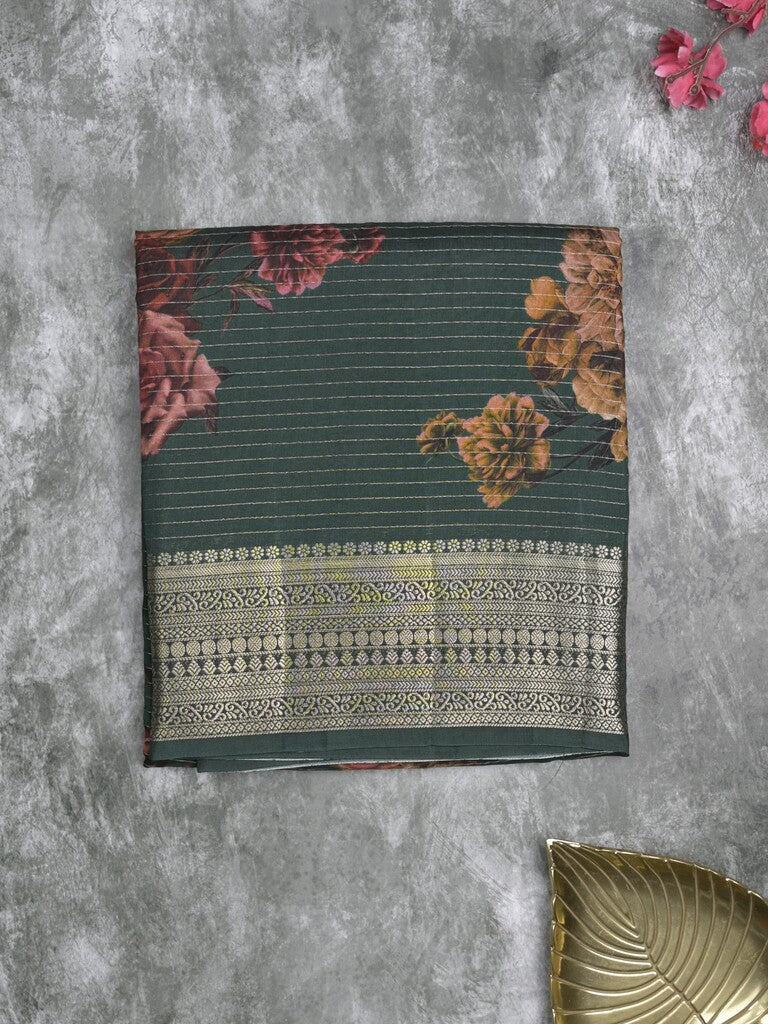 Maheshwari fancy saree dark green color allover stripes, prints & zari border with zari pallu and plain blouse