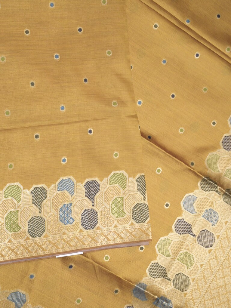 Banaras fancy saree mustard yellow color allover zari weaves & zari border with rich pallu and attached blouse