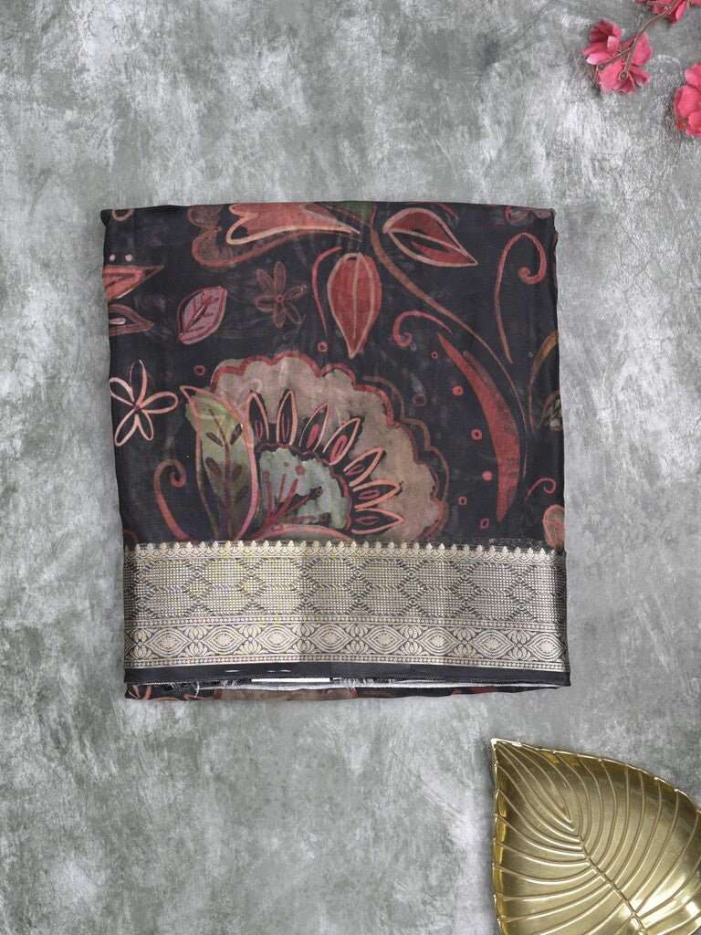 Georgette fancy saree black color allover prints & zari border with zari pallu and plain blouse