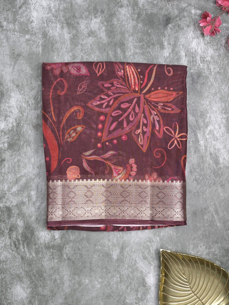 Georgette fancy saree maroon color allover prints & zari border with zari pallu and plain blouse