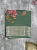 Maheshwari fancy saree bottle green color allover stripes, prints & zari border with zari pallu and plain blouse