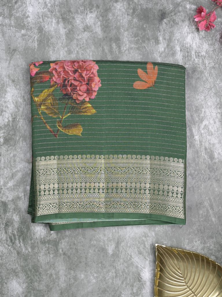 Maheshwari fancy saree bottle green color allover stripes, prints & zari border with zari pallu and plain blouse