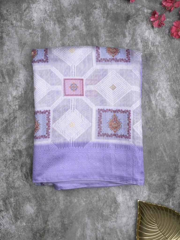 Chanderi fancy saree white and lavender color allover zari weaves & zari border with contrast pallu and contrast blouse