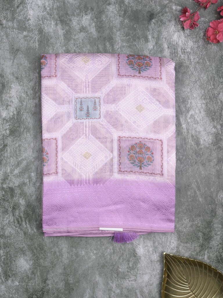 Chanderi fancy saree white and purple color allover zari weaves & zari border with contrast pallu and contrast blouse