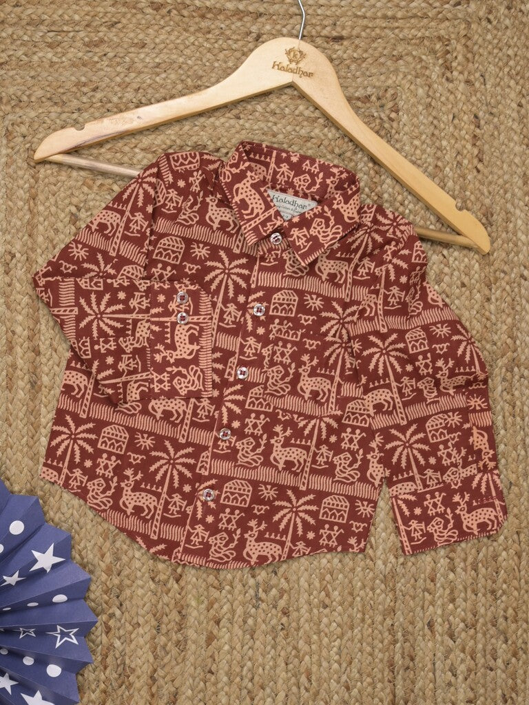 Boys printed ethnic kurtha | red | full sleeves | 2-3 years