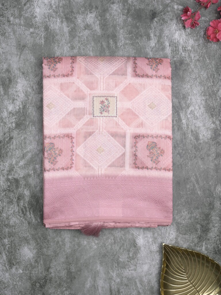 Chanderi fancy saree white and baby pink color allover zari weaves & zari border with contrast pallu and contrast blouse