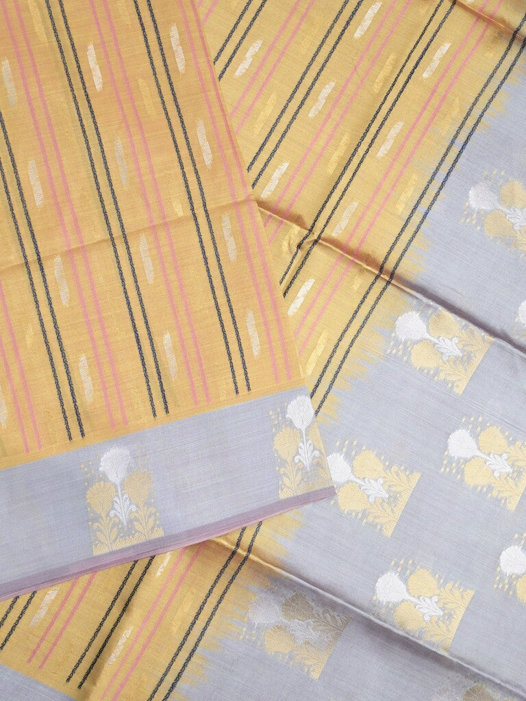 Tussar fancy saree beige color allover weaves & contrast border with zari pallu and contrast blouse