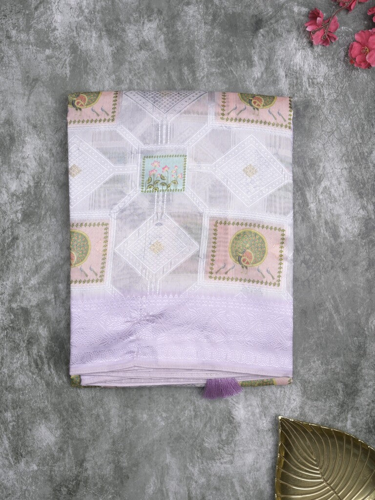 Chanderi fancy saree white and light purple color allover zari weaves & zari border with contrast pallu and contrast blouse