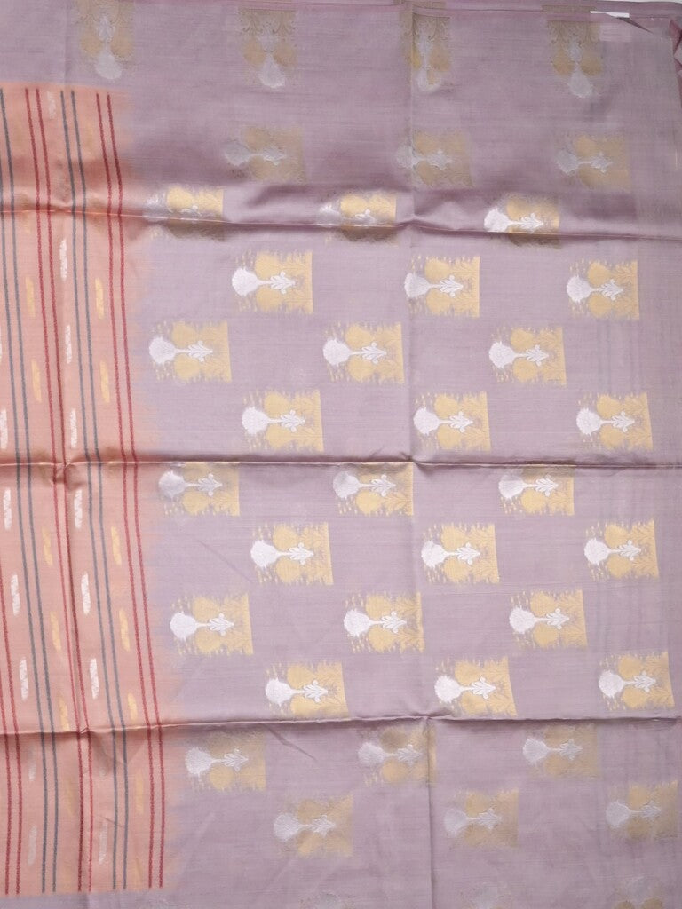 Tussar fancy saree peach color allover weaves & contrast border with zari pallu and contrast blouse
