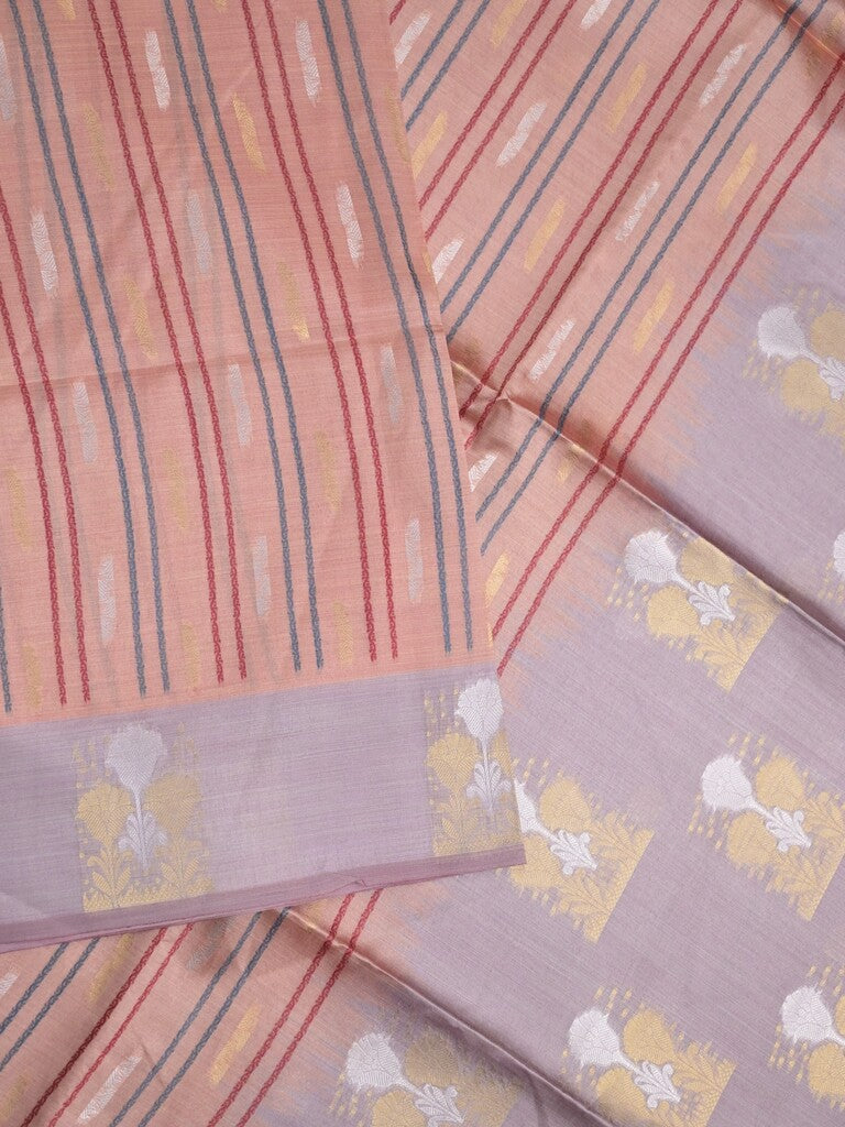 Tussar fancy saree peach color allover weaves & contrast border with zari pallu and contrast blouse