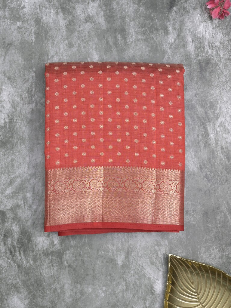 Dupion fancy saree red color allover zari motifs & zari border with zari pallu and running blouse