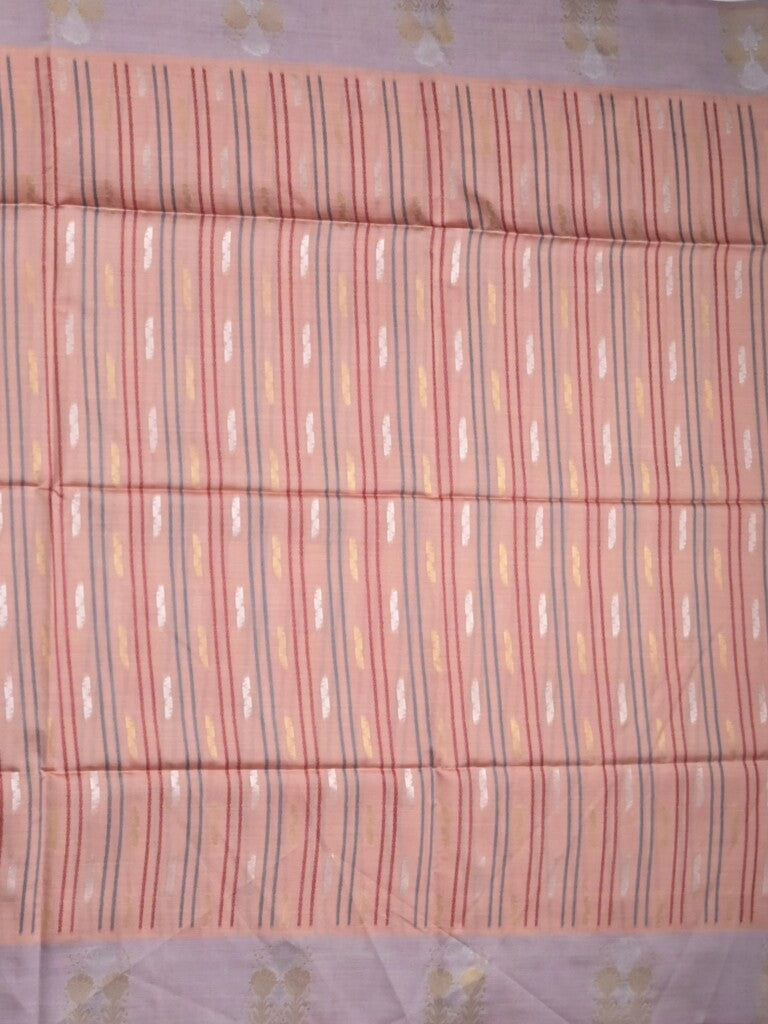 Tussar fancy saree peach color allover weaves & contrast border with zari pallu and contrast blouse