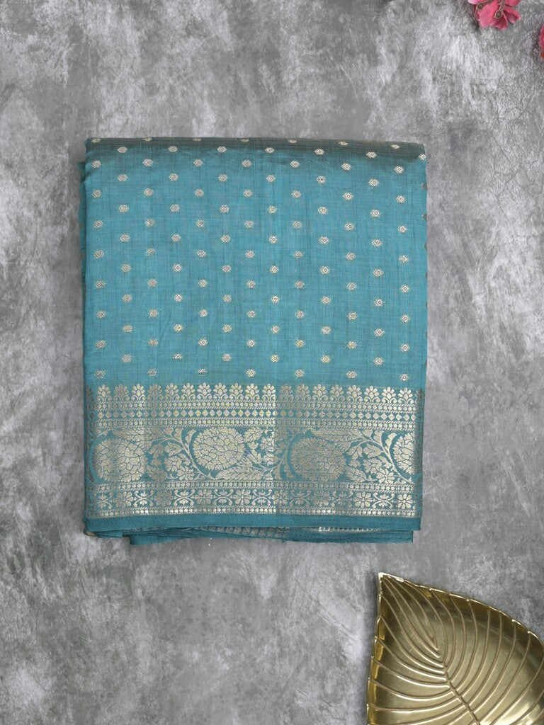 Dupion fancy saree sky blue color allover zari motifs & zari border with zari pallu and running blouse