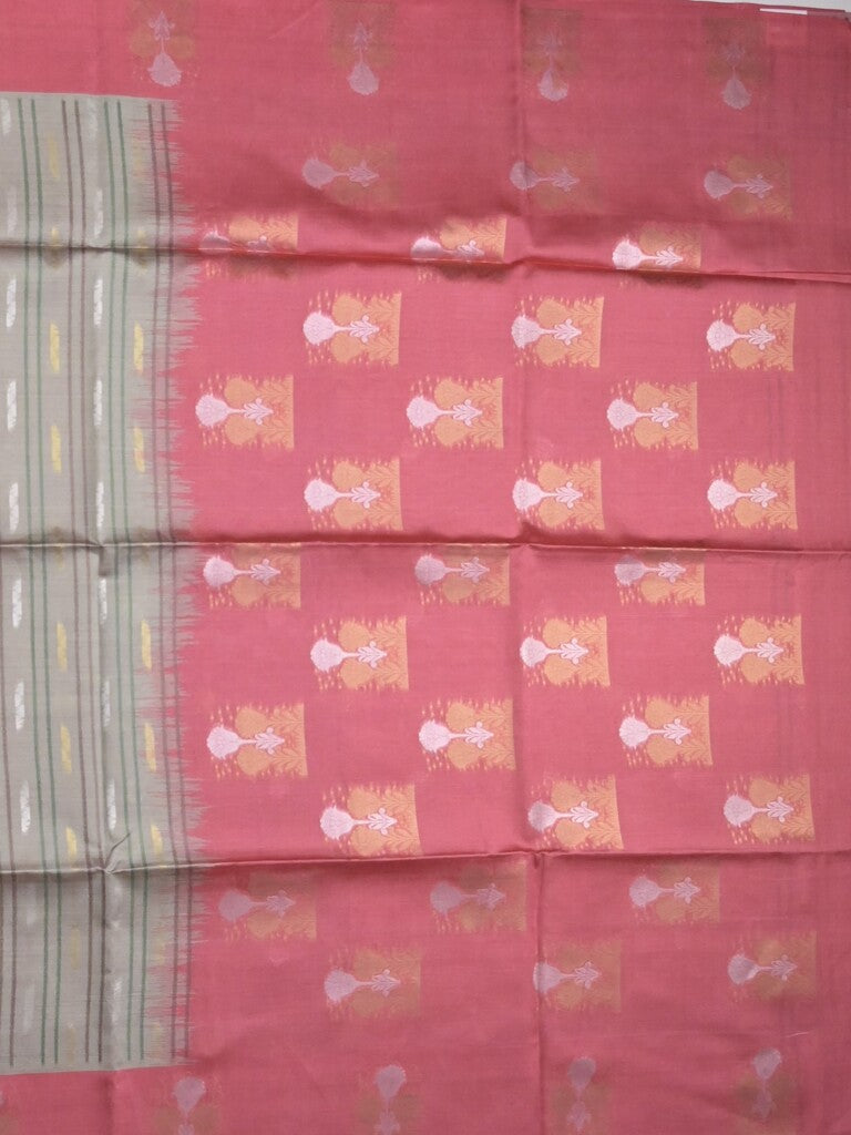 Tussar fancy saree grey color allover weaves & contrast border with zari pallu and contrast blouse