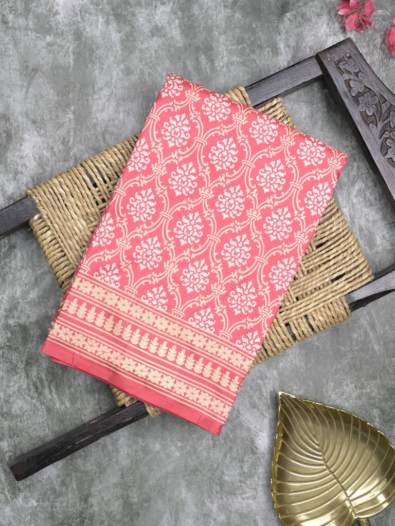 Crape fancy saree pink color allover prints & contrast border with printed pallu and attached plain blouse