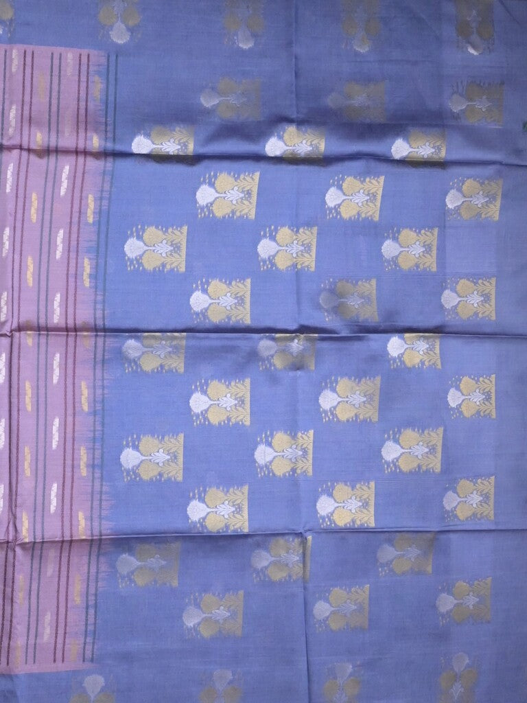 Tussar fancy saree purple color allover weaves & contrast border with zari pallu and contrast blouse