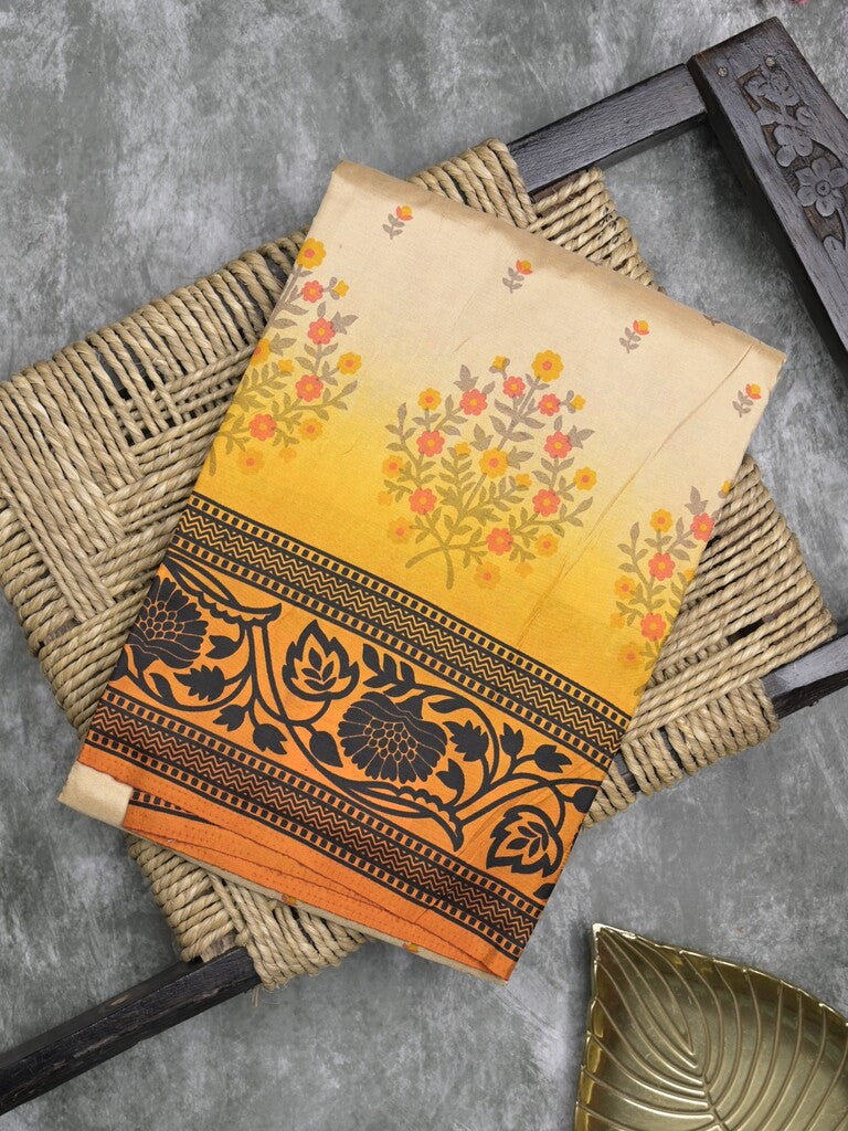 Crape fancy saree cream color allover prints & contrast border with printed pallu and attached plain blouse