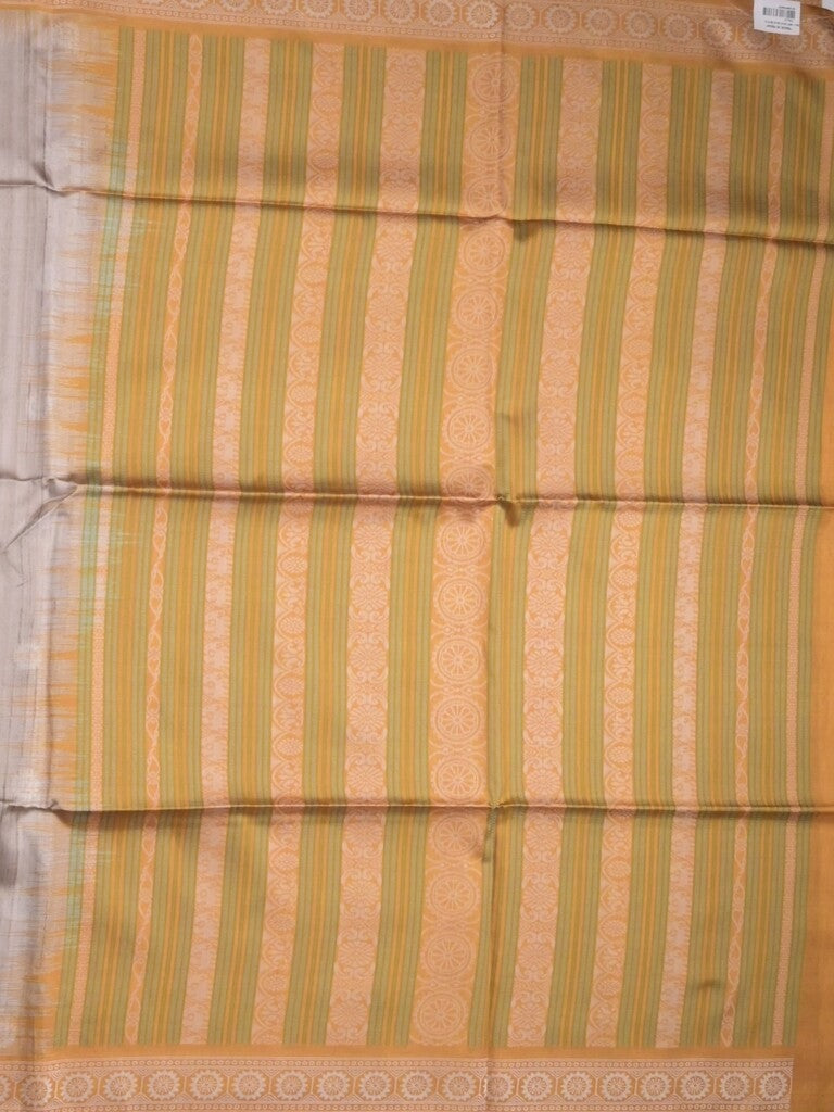 Tussar fancy saree light grey color allover motifs & weaving border with contrast pallu and attached blouse