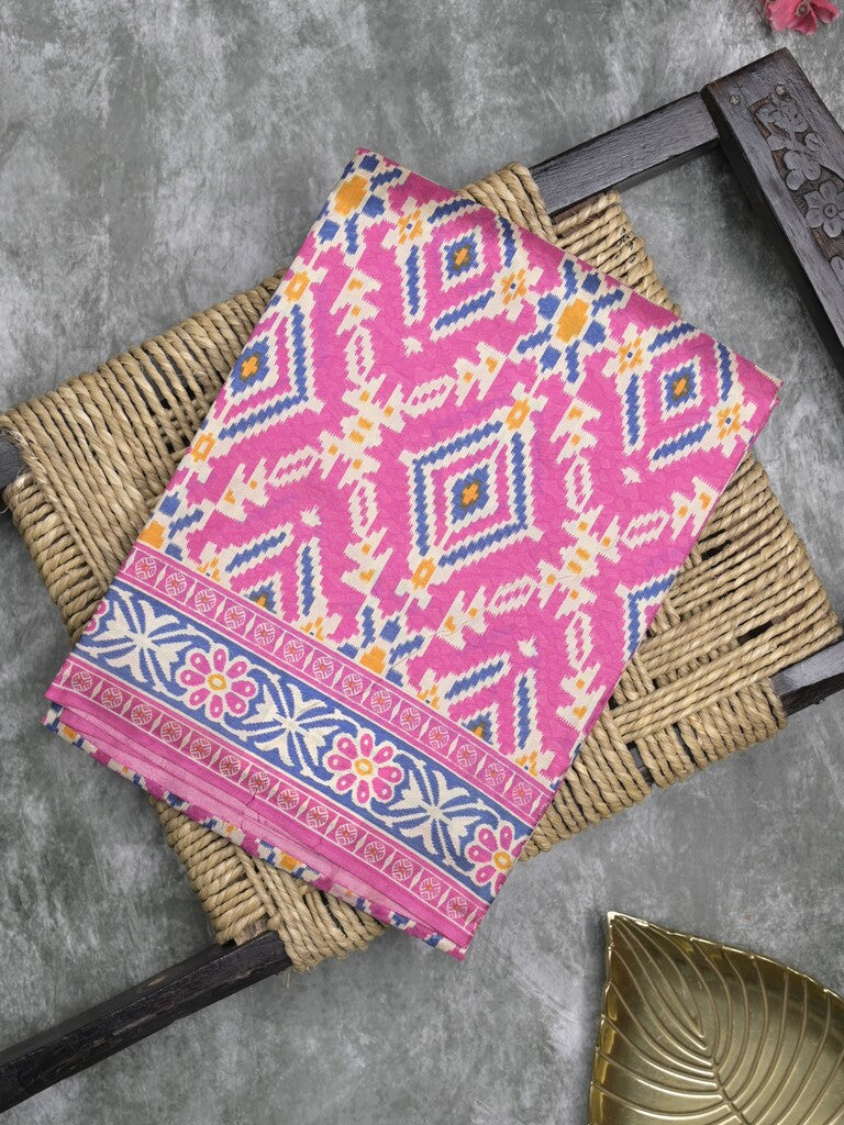 Crape fancy saree pink color allover prints & contrast border with printed pallu and attached plain blouse