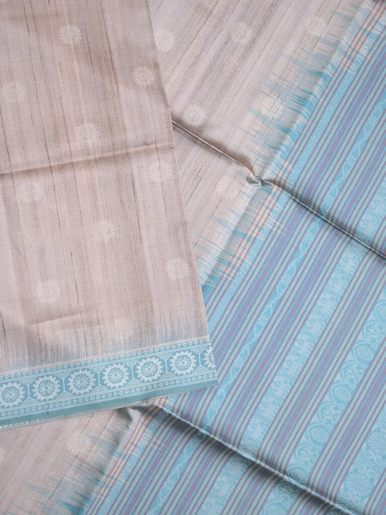Tussar fancy saree light grey color allover motifs & weaving border with contrast pallu and attached blouse
