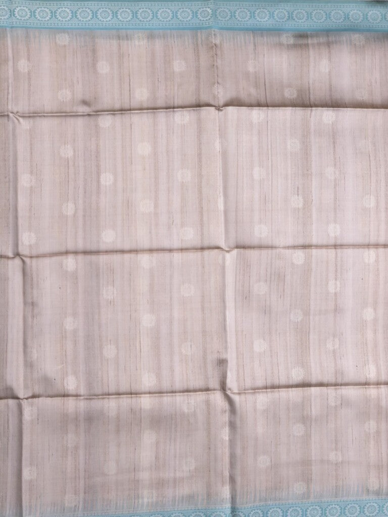Tussar fancy saree light grey color allover motifs & weaving border with contrast pallu and attached blouse