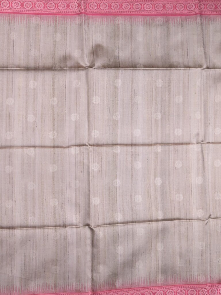 Tussar fancy saree light grey color allover motifs & weaving border with contrast pallu and attached blouse