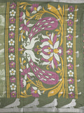 Dola silk fancy saree olive green color allover prints & contrast zari border with printed pallu and printed blouse