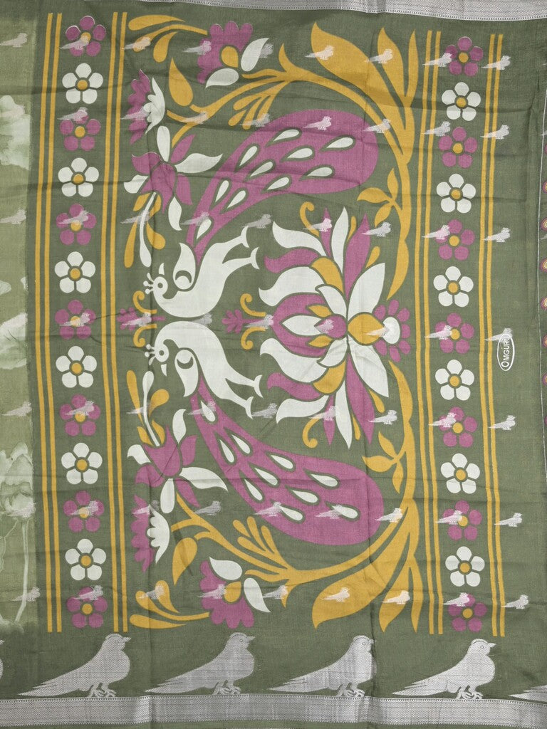 Dola silk fancy saree olive green color allover prints & contrast zari border with printed pallu and printed blouse