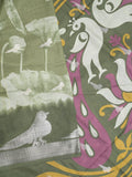 Dola silk fancy saree olive green color allover prints & contrast zari border with printed pallu and printed blouse