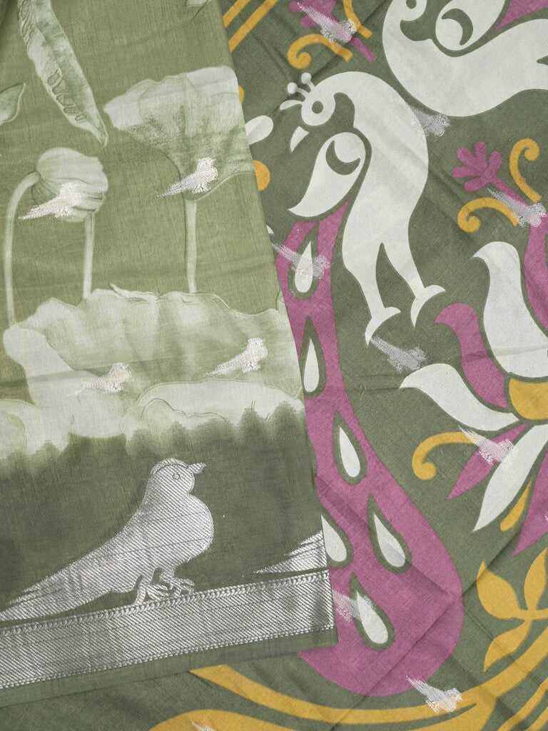 Dola silk fancy saree olive green color allover prints & contrast zari border with printed pallu and printed blouse