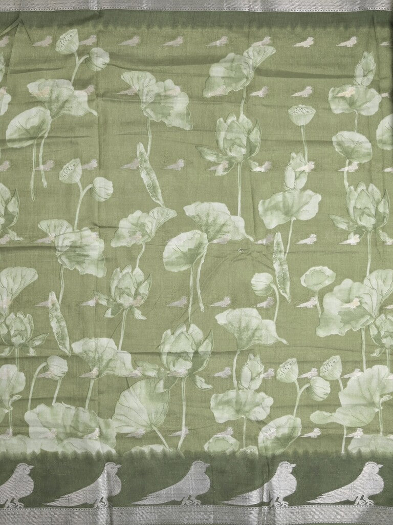 Dola silk fancy saree olive green color allover prints & contrast zari border with printed pallu and printed blouse