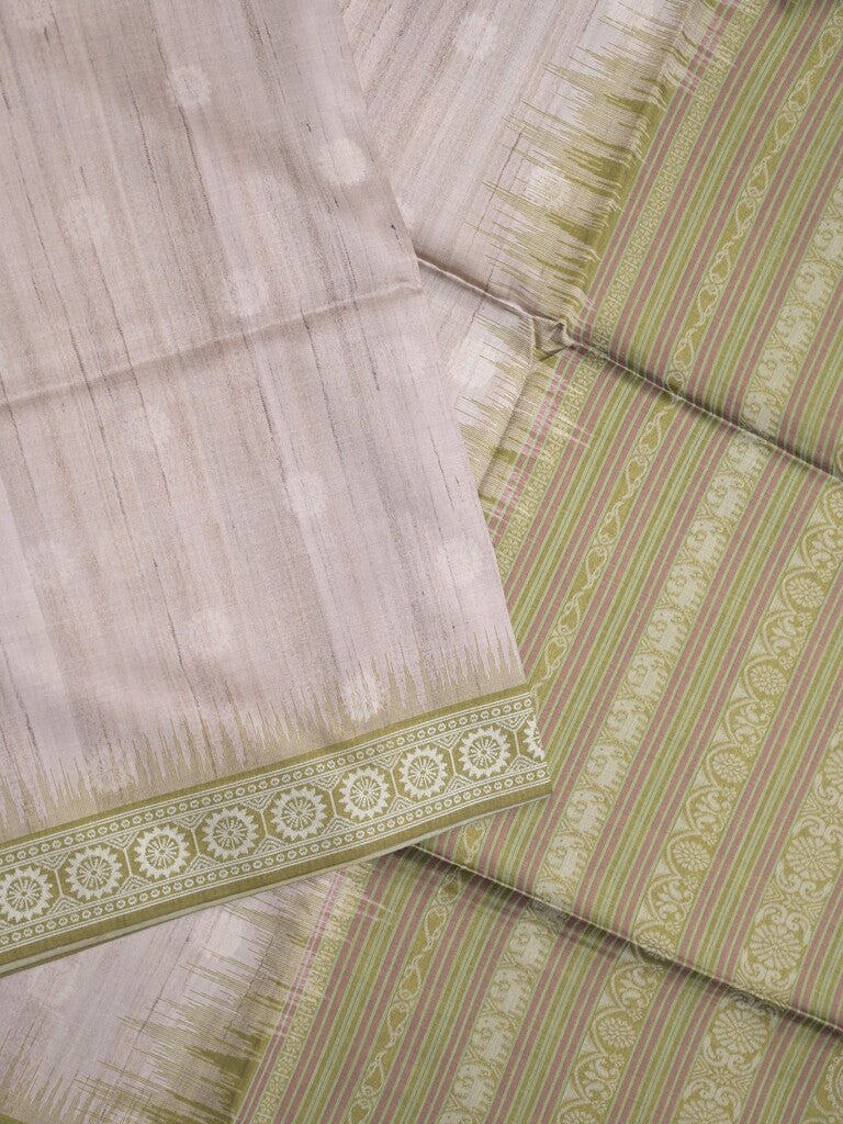 Tussar fancy saree light grey color allover motifs & weaving border with contrast pallu and attached blouse