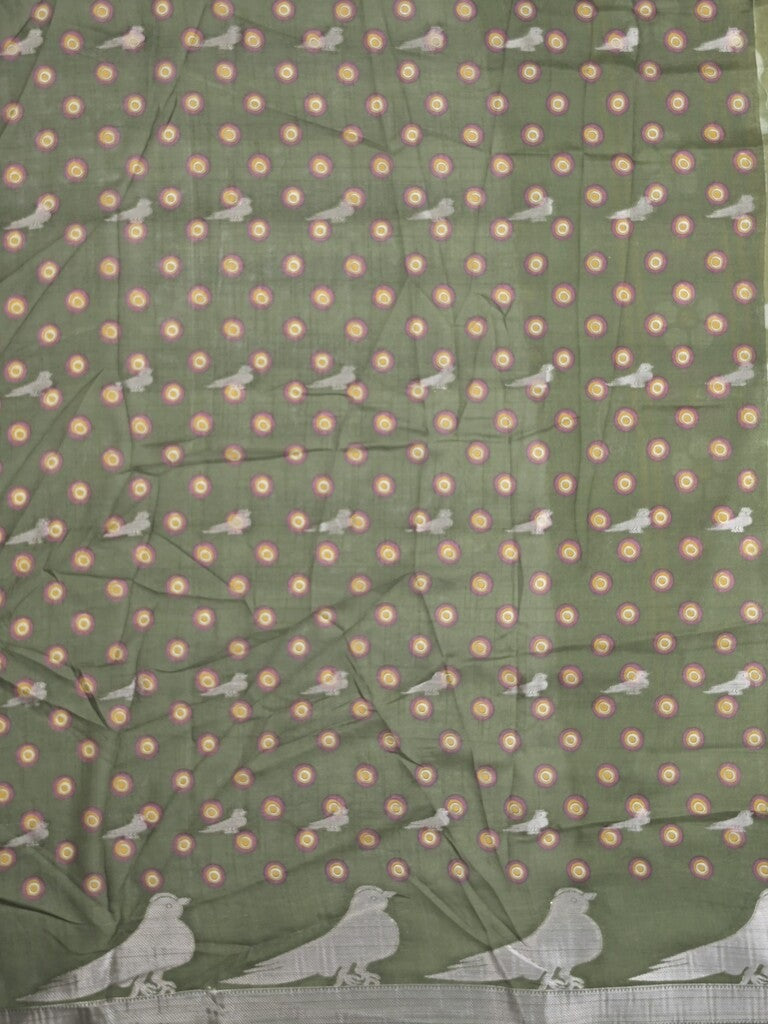 Dola silk fancy saree olive green color allover prints & contrast zari border with printed pallu and printed blouse