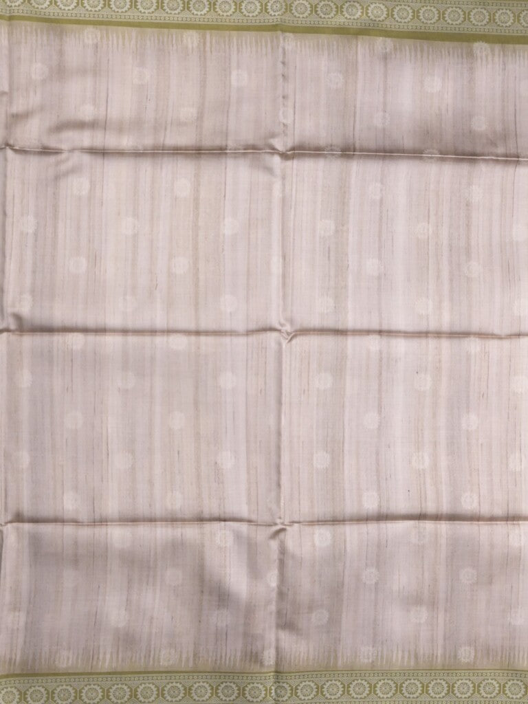 Tussar fancy saree light grey color allover motifs & weaving border with contrast pallu and attached blouse