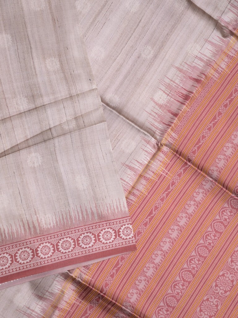 Tussar fancy saree light grey color allover motifs & weaving border with contrast pallu and attached blouse