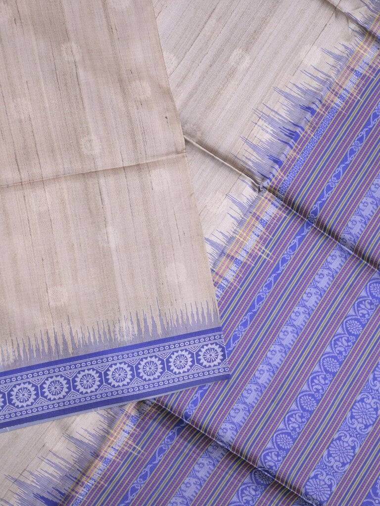 Tussar fancy saree light grey color allover motifs & weaving border with contrast pallu and attached blouse