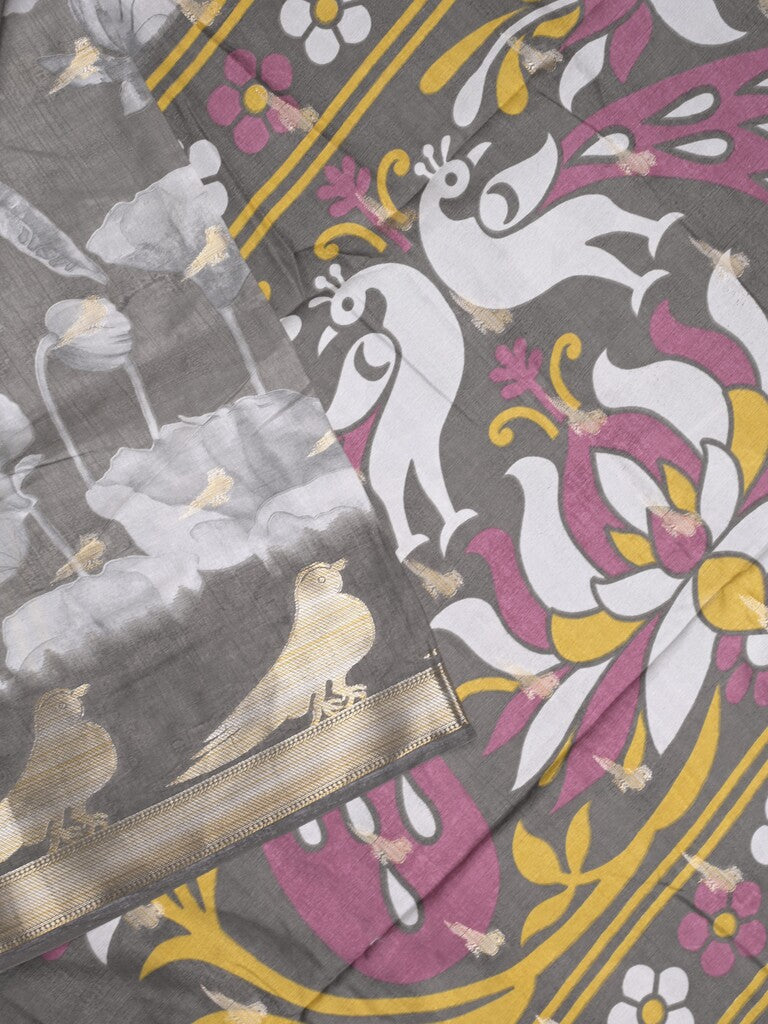 Dola silk fancy saree grey color allover prints & contrast zari border with printed pallu and printed blouse