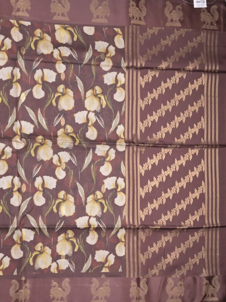 Tussar fancy saree brown color allover prints & weaving border with zari pallu and attached blouse