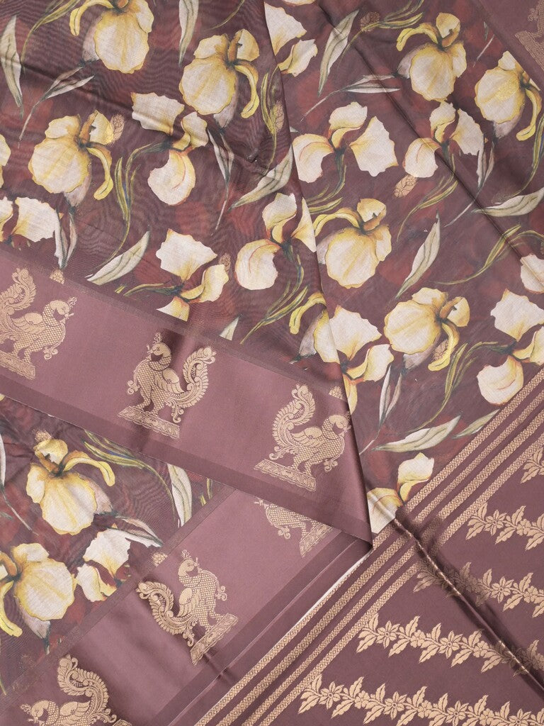 Tussar fancy saree brown color allover prints & weaving border with zari pallu and attached blouse