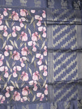 Tussar fancy saree navy blue color allover prints & weaving border with zari pallu and attached blouse