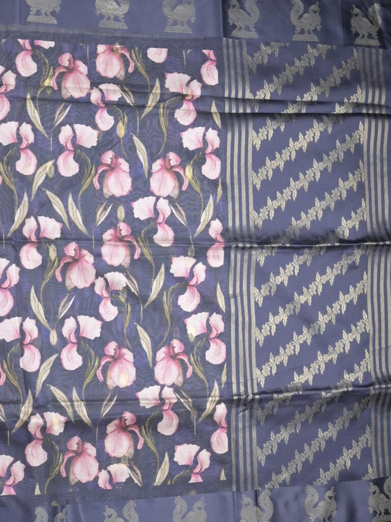 Tussar fancy saree navy blue color allover prints & weaving border with zari pallu and attached blouse