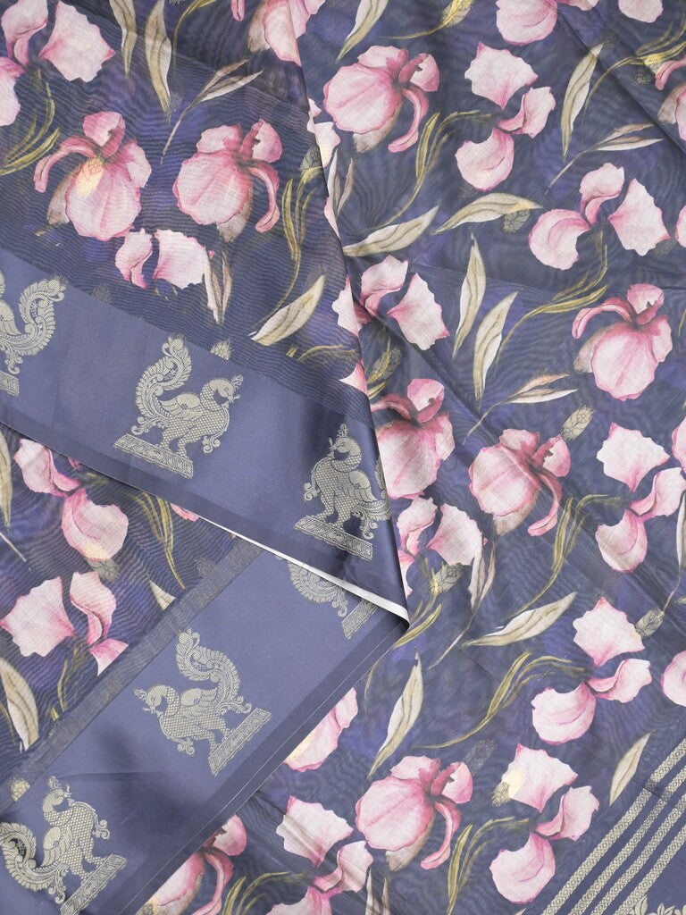 Tussar fancy saree navy blue color allover prints & weaving border with zari pallu and attached blouse
