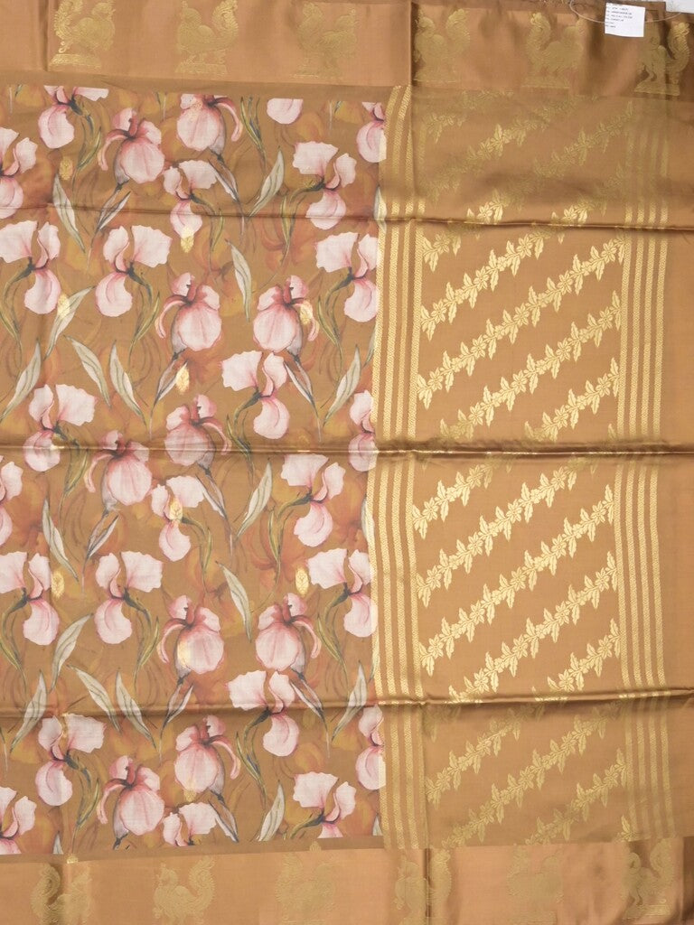 Tussar fancy saree mustard yellow color allover prints & weaving border with zari pallu and attached blouse