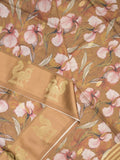 Tussar fancy saree mustard yellow color allover prints & weaving border with zari pallu and attached blouse