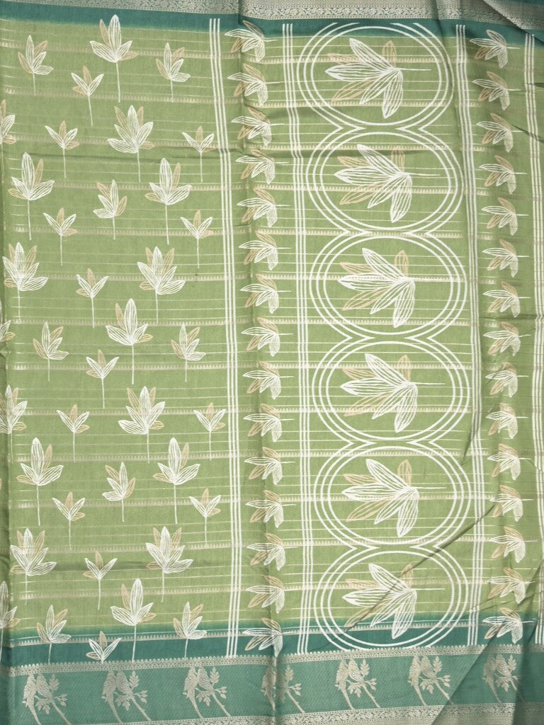 Dola silk fancy saree leaf green color allover prints & contrast zari border with printed pallu and printed blouse