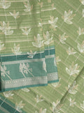Dola silk fancy saree leaf green color allover prints & contrast zari border with printed pallu and printed blouse