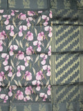 Tussar fancy saree black color allover prints & weaving border with zari pallu and attached blouse