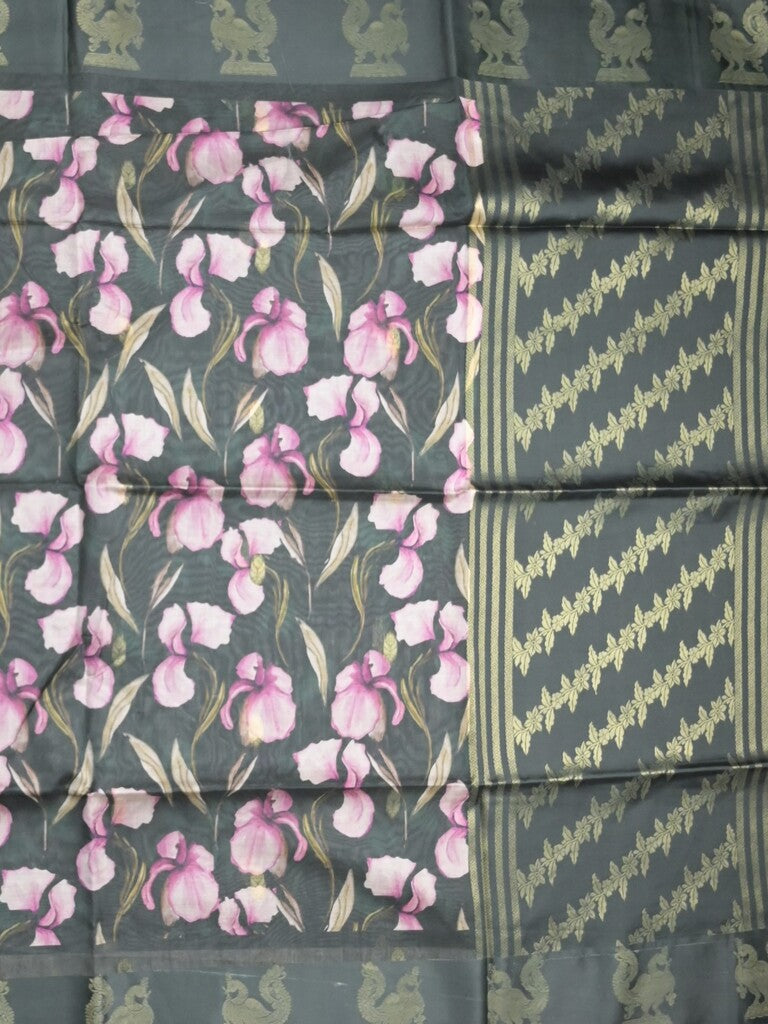Tussar fancy saree black color allover prints & weaving border with zari pallu and attached blouse